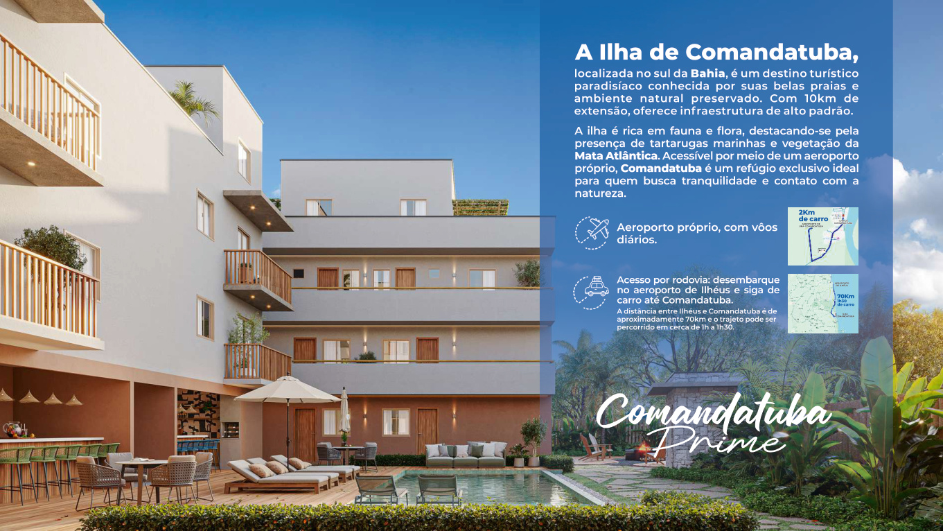 A Ilha de Comandatuba com vista do empreendimento, piscina e informaes de acesso